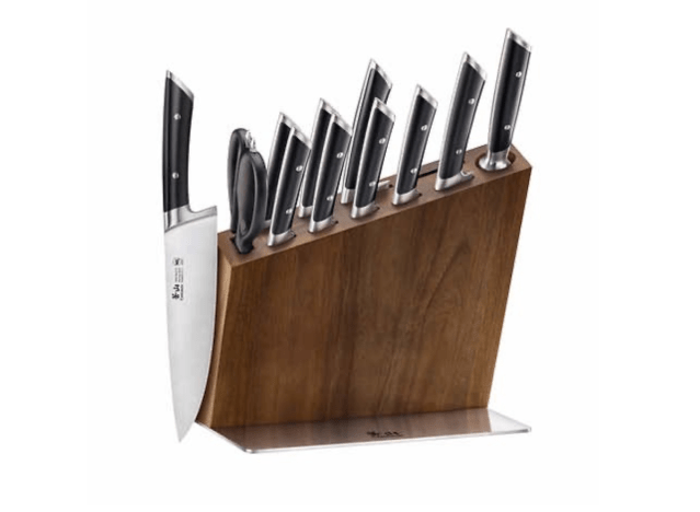 Cangshan knife block set from Costco on white background.