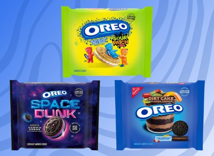 packages of limited-edition oreos on a blue designed background