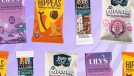 different snacks on a purple background
