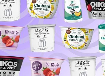 different yogurt brands on a purple background