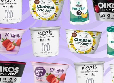 different yogurt brands on a purple background