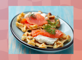 lox cottage cheese waffles on plate sitting on blue table