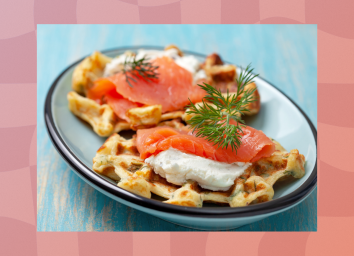lox cottage cheese waffles on plate sitting on blue table