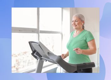 mature, happy woman doing treadmill workout in front of bright window in home