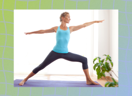middle-aged woman in blue tank top and leggings doing yoga exercise on mat in bright living space