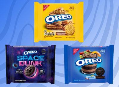 packages of different oreo flavors on a blue designed background