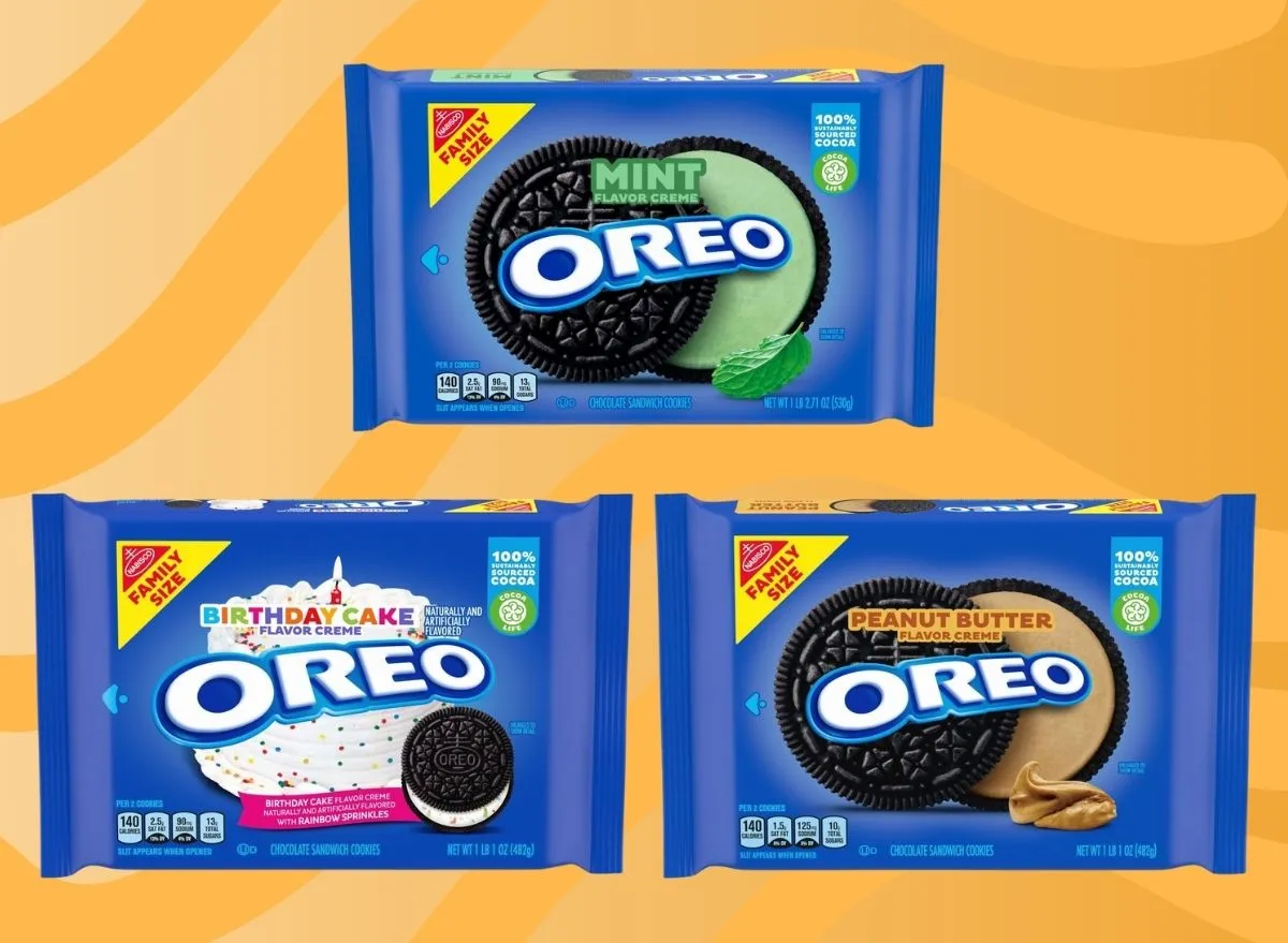 packages of mint, birthday cake, and peanut butter oreos on an orange background