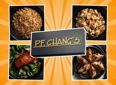 collage of healthy pf changs menu options on a designed background