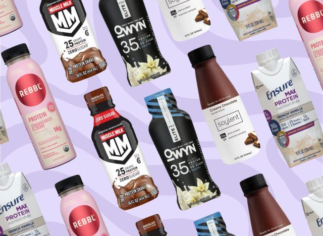 bottles of protein shakes on a purple background