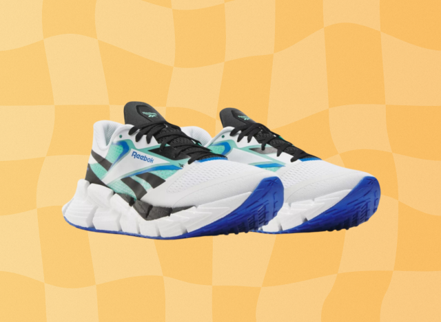 Reebok's FloatZig 1s running shoes on yellow square background design