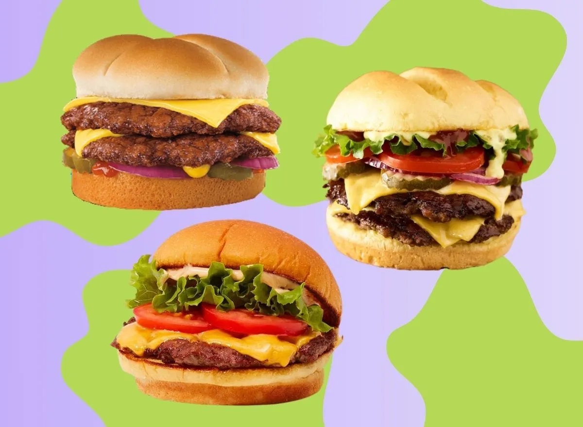 a collage of smash burgers from culver’s, smashburger, and shake Shack on purple and green designed background