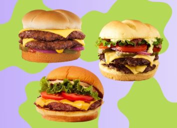 a collage of smash burgers from culver’s, smashburger, and shake Shack on purple and green designed background