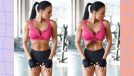split image of woman wearing pink sports bra and black workout shorts doing stomach vacuum exercise at the gym