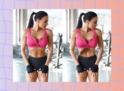 split image of woman wearing pink sports bra and black workout shorts doing stomach vacuum exercise at the gym