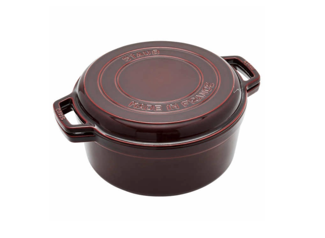 A staub cast iron pot from Costco on a white background.