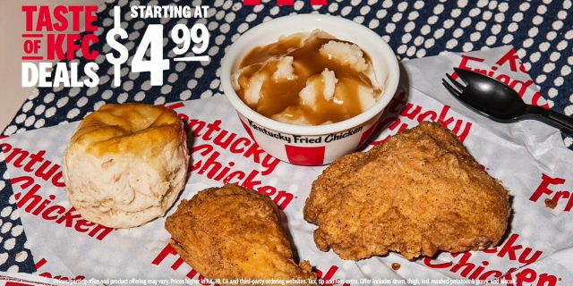 taste of kfc deals promo featuring fried chicken, mashed potatoes with gravy, and a biscuit