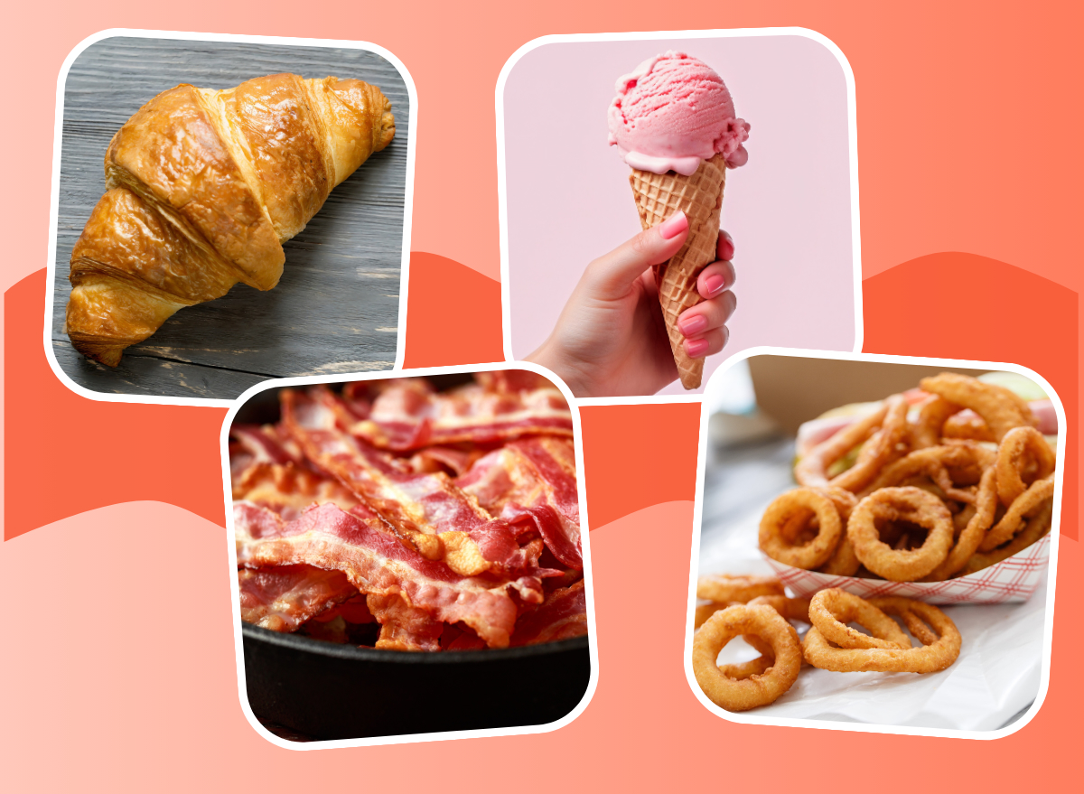 collage of croissant bacon ice cream and onion rings depicting unhealthy fatty foods