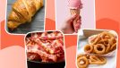 collage of croissant bacon ice cream and onion rings depicting unhealthy fatty foods