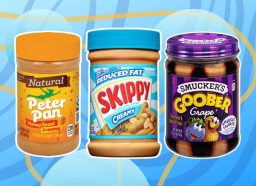 three jars of peanut butter on a blue background