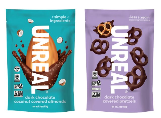 bag of unreal dark chocolate coconut-covered almonds and dark chocolat-covered pretzels