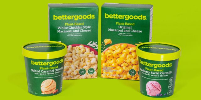 bettergoods plant-based macaroni and cheese and non-dairy frozen dessert