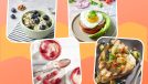 design template of four low-calorie weight-loss recipes, including a smoothie, veggie burger, overnight oats, and fish