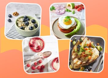 design template of four low-calorie weight-loss recipes, including a smoothie, veggie burger, overnight oats, and fish