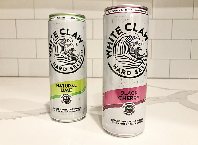 white claw seltzers on a counter.
