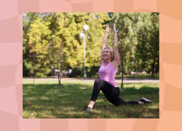 fit blonde woman in pink tank and black yoga leggings doing yoga pose in park on sunny day
