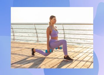 blonde woman in blue athletic sports bra and leggings doing walking lunges while holding blue dumbbells on boardwalk