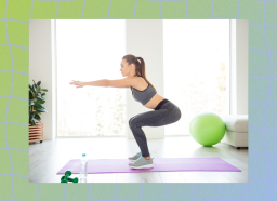 focused brunette woman doing squats exercise on yoga mat in bright living room at home