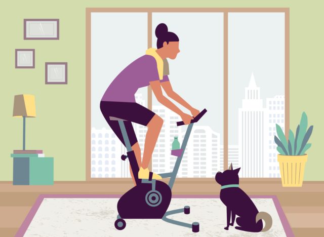 illustration of woman using a stationary bike at home