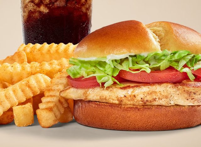 zaxby's grilled chicken sandwich with fries and soda