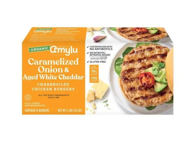 box of Amylu Caramelized Onion & Aged White Cheddar Chicken Burgers