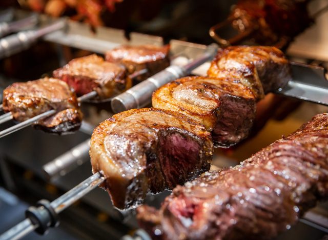 Skewered picanha (top sirloin) on the grill at Galpão Gaucho restaurant