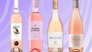 A quartet of affordable rose wines set against a swirly purple background