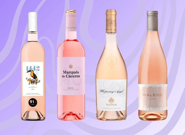 A quartet of affordable rose wines set against a swirly purple background