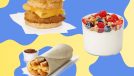A trio of breakfast options from Chick-fil-A set against a colorful background