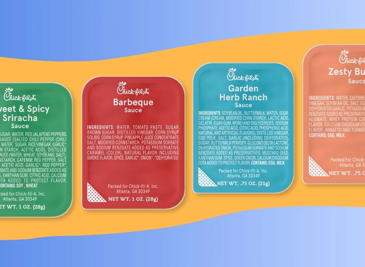 An array of Chick-fil-A dipping sauces set against a colorful background