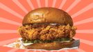Popeyes fried chicken sandwich set against a colorful background