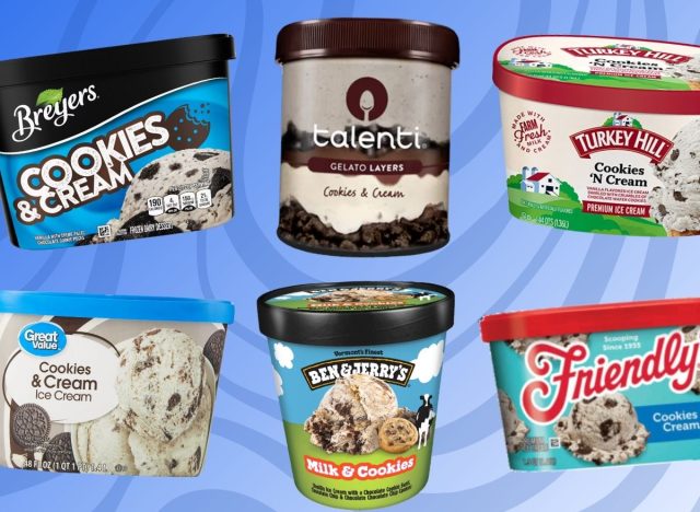 An array of brand-name cookies and cream-flavored ice creams set against a swirly blue background
