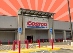 Costco exterior on striped red background
