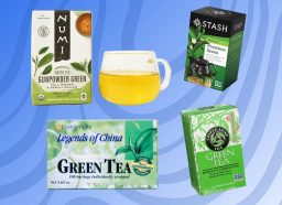 A quartet of green tea brands set against a colorful blue background