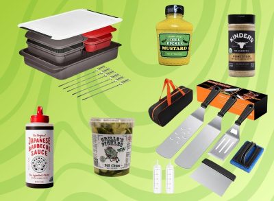An array of grilling tools and accessories set against a colorful background.