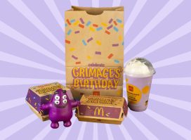 McDonald's Grimace Birthday Meal--including a purple milkshake, McNuggets, Big Mac, and toy--set against a colorful background