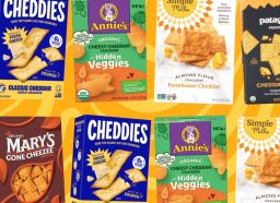boxes of cheese cracker brands on an orange background