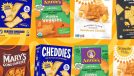 boxes of cheese cracker brands on an orange background