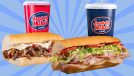 Two sub sandwiches from Jersey Mike's restaurant set against a colorful background