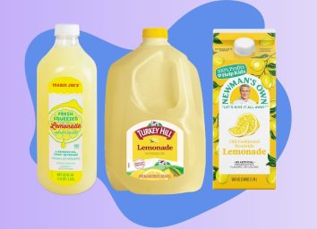 A trio of store-bought lemonade brands set against a colorful background.