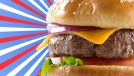 A closeup of a cheeseburger set against a patriotic red, white, and blue background